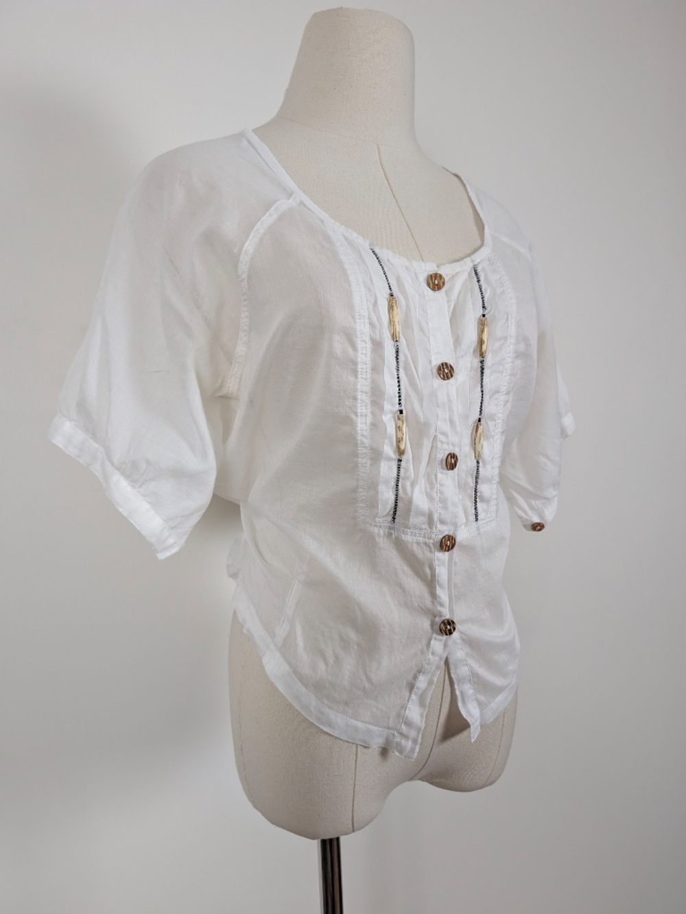 Sheer Cotton Short Sleeve Blouse Size Small White Boho - Picture 14 of 15